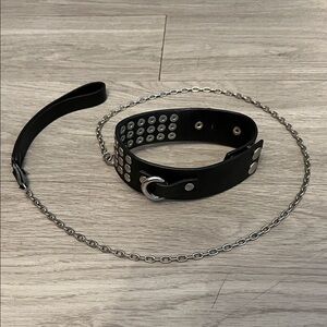 Adorned Black Leather Collar with Chain Leash Accessory